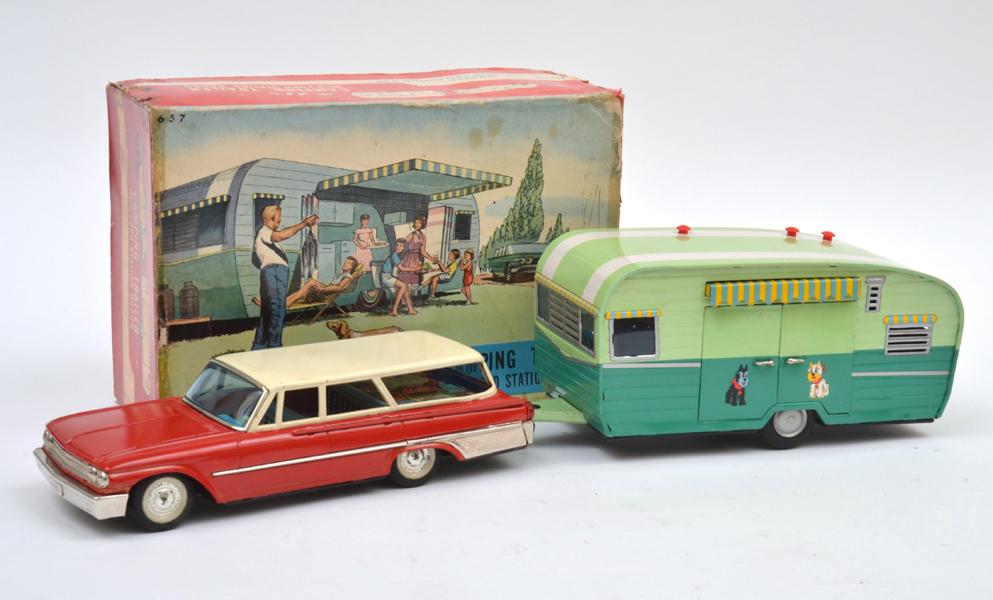 Appraisal: BANDAI JAPAN CAMPING TRAILER WITH FORD STATION WAGON INCLUDING GREEN