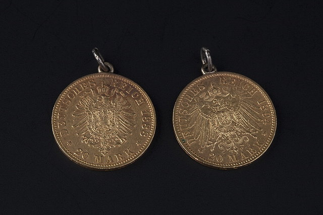 Appraisal: TWO GERMAN WILHELM II MARK GOLD COIN PENDANTS dated and