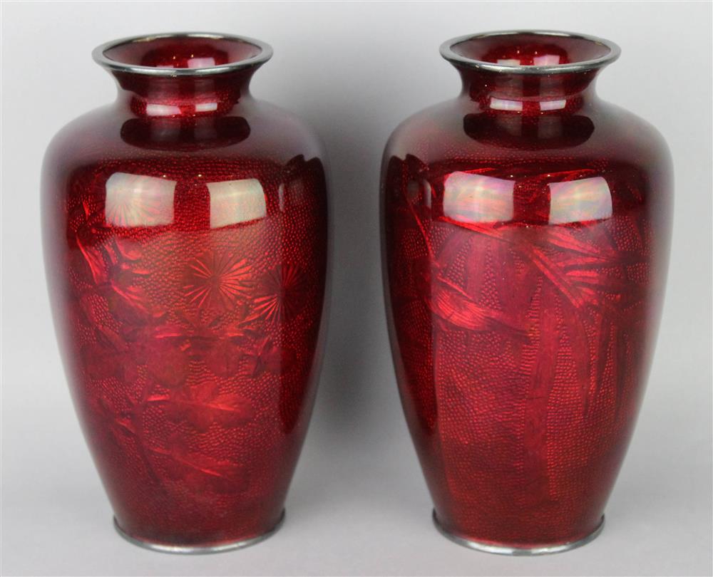 Appraisal: PAIR OF JAPANESE RED GINBARI CLOISONNE ENAMEL VASES one with