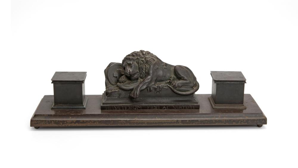 Appraisal: A bronze Swiss Lion Monument double inkwell First-half th Century