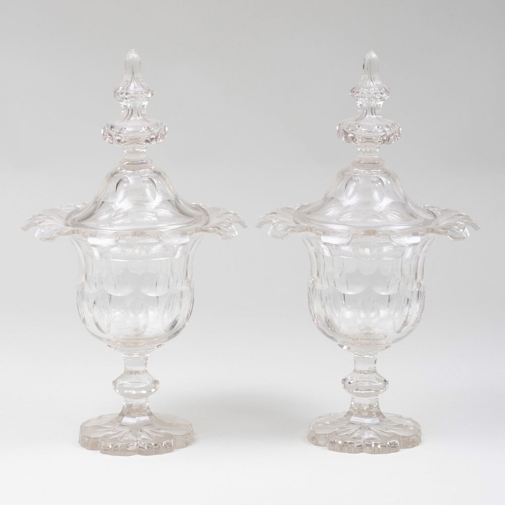 Appraisal: Pair of Cut Glass Sweetmeat Dishes and Covers x in