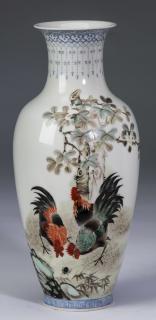 Appraisal: Chinese enameled rooster vase marked h Chinese polychrome enameled baluster