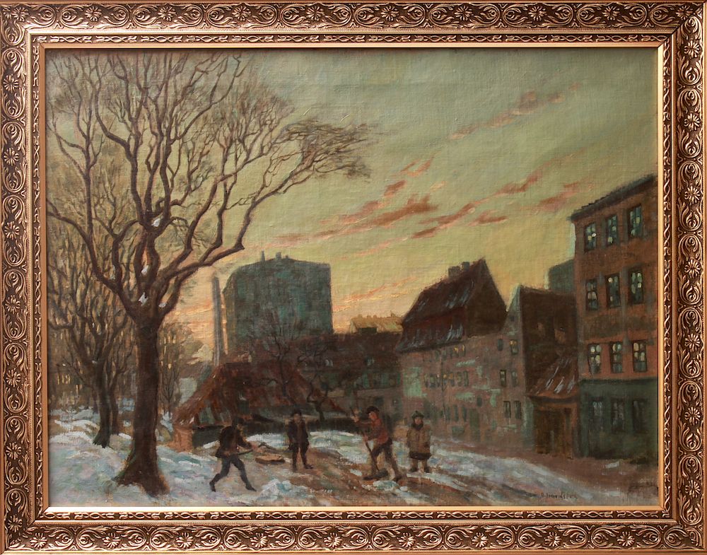 Appraisal: Illegibly Signed Winter Cityscape Oil on Canvas Illegibly signed winter