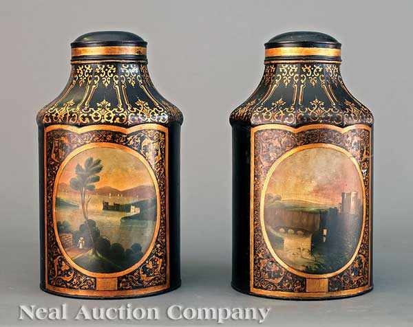 Appraisal: A Fine Pair of English T le Peinte Tea Canisters