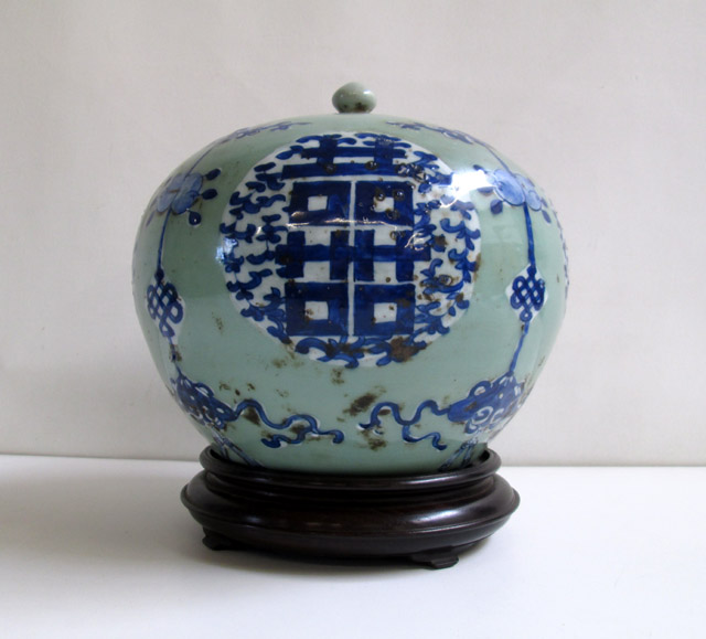 Appraisal: CHINESE BLUE AND WHITE ENAMELED CELADON GINGER JAR with round