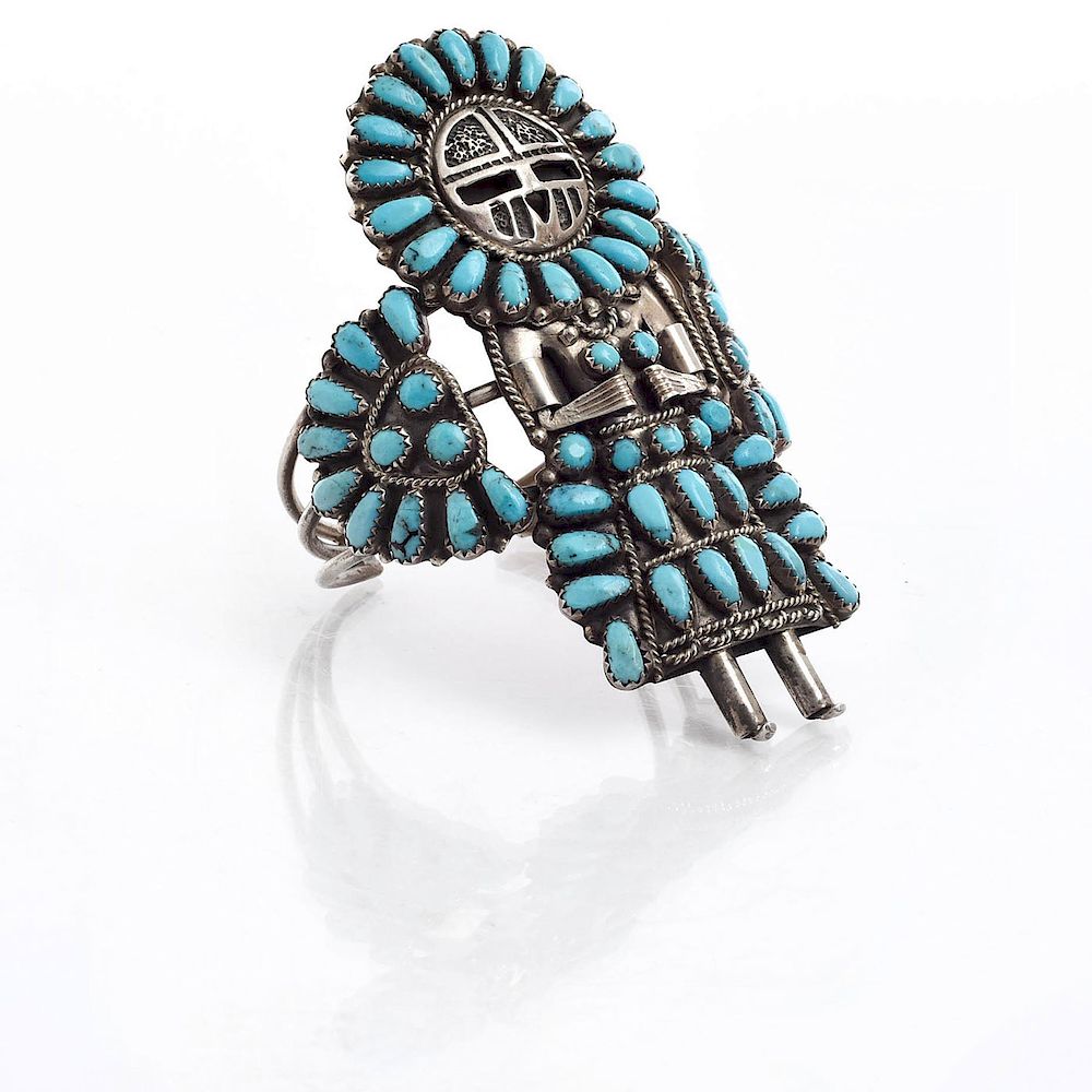 Appraisal: NATIVE AMERICAN TRIBE KACHINA TURQUOISE SILVER BRACELET Hallmarked silver with