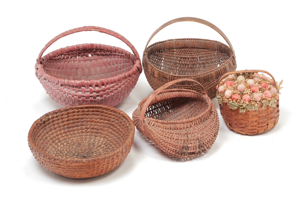 Appraisal: FIVE AMERICAN BASKETS Late th-early th century Rye straw h