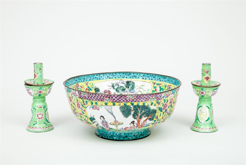 Appraisal: Modern Canton-Enamel Yellow Ground Bowl and a Pair of Canton