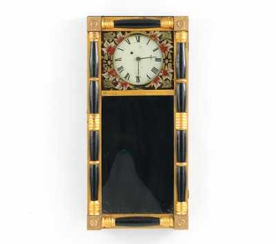 Appraisal: American Mirror Clock with Wheel Barrel Movement Attributed Benjamin Morrill