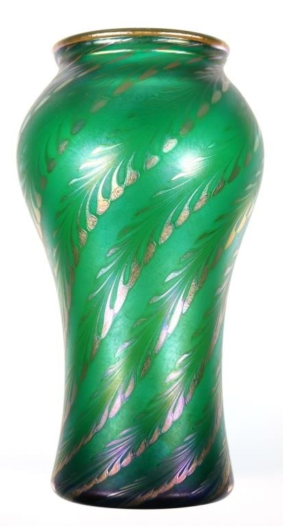 Appraisal: Iridescent pulled feather glass vase in green and white Signed