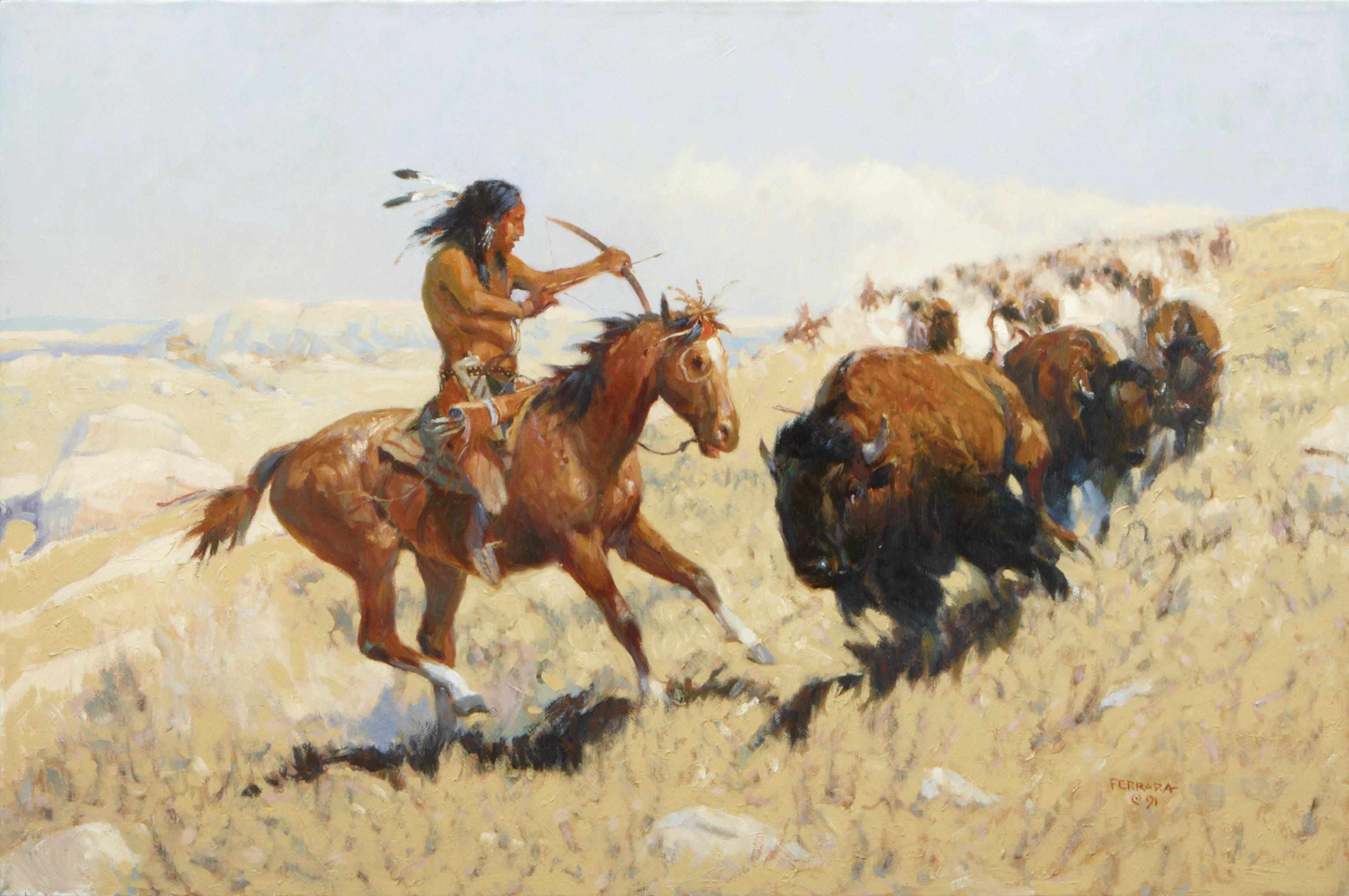 Appraisal: Joe Ferrara American - Buffalo hunt signed and dated 'Ferrara