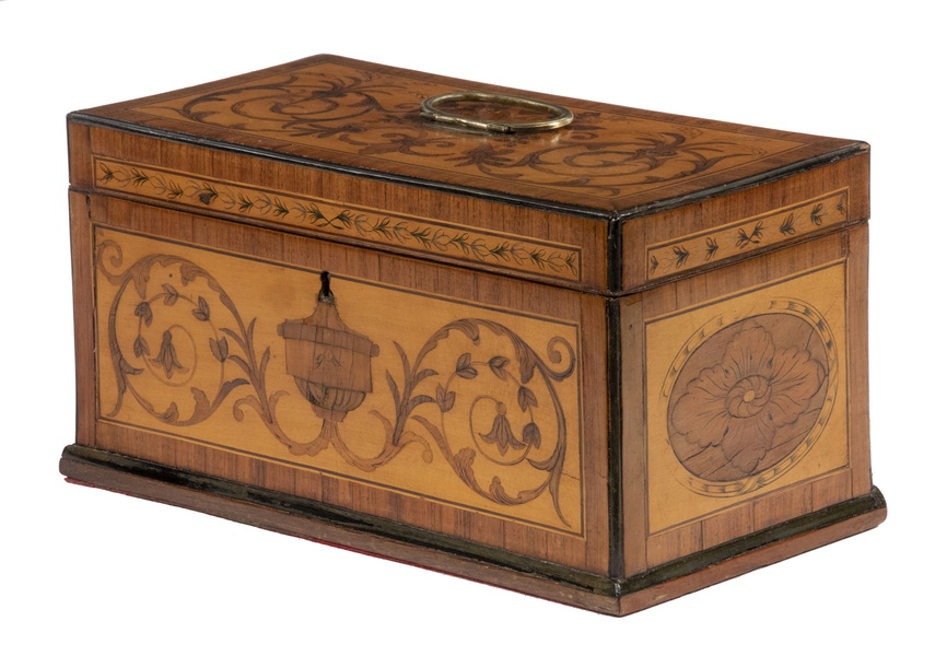 Appraisal: PARQUETRY TEA CADDY Profusely Inlaid th c English Triple Compartment