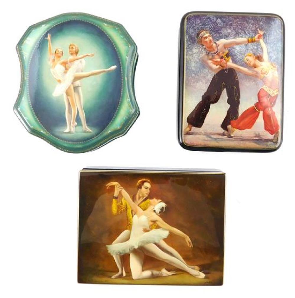 Appraisal: Russian hand-painted lacquer boxes three ballerina themed with couples dancing