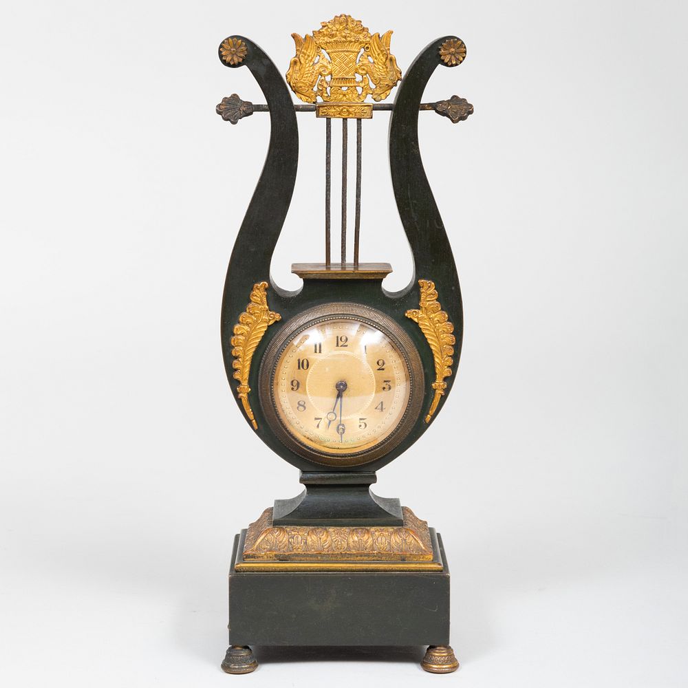 Appraisal: Small Late Federal Patinated Gilt-Bronze Lyre Form Mantel Clock The