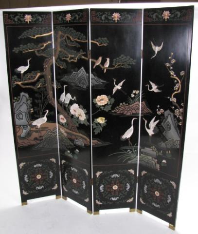 Appraisal: Japanese -section black lacquer screen with floral decoration h x