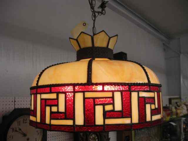 Appraisal: Slag Glass Hanging Lamp red caramel glass ''Greek Key'' style