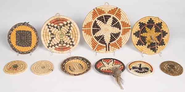 Appraisal: Hopi Second and Third Mesa Plaques and Navajo Wedding Basket