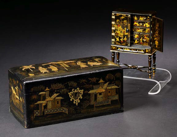 Appraisal: Chinese Export Parcel-Gilt Black-Lacquered Wood Double-Compartment Tea Box in Mandarins