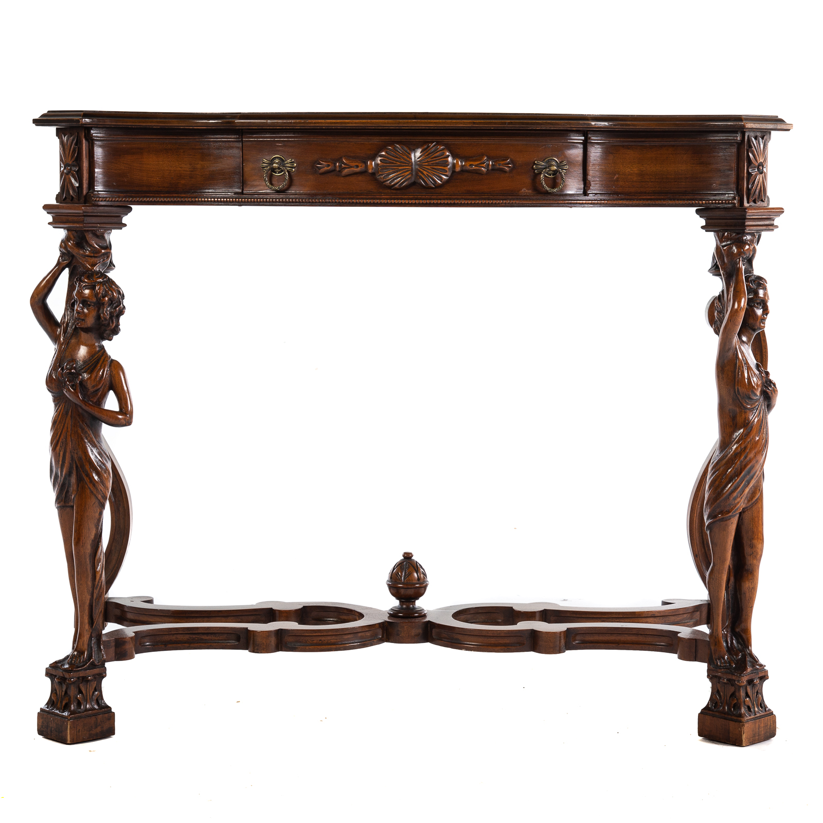 Appraisal: CONTINENTAL MAHOGANY FIGURAL CARVED CONSOLE TABLE th century shaped top