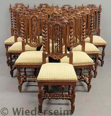 Appraisal: Set of ten Flemish style oak side chairs h x