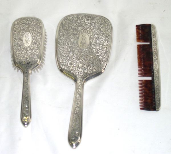 Appraisal: Three-Piece Gorham Scroll-Engraved Sterling Toilette Service first quarter th century