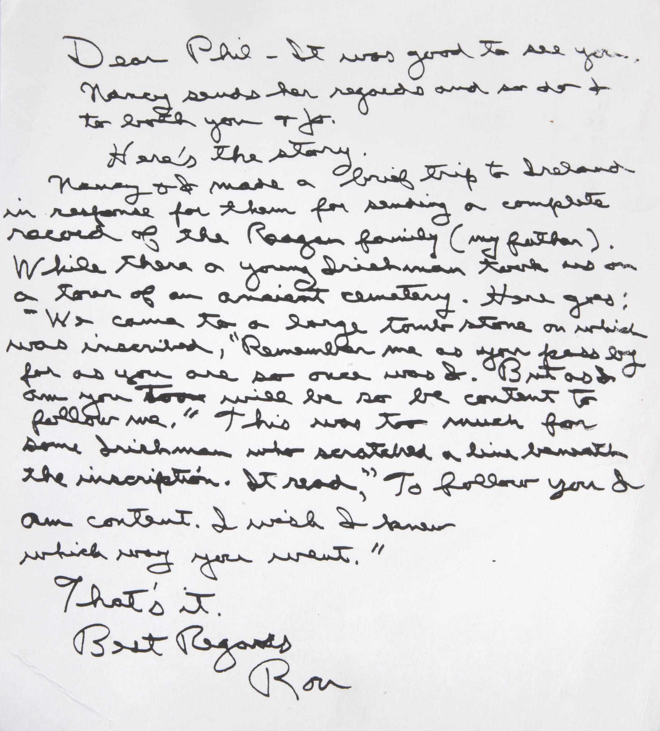 Appraisal: REAGAN RONALD Autograph Letter Signed ''Ron'' p oblong vo Los