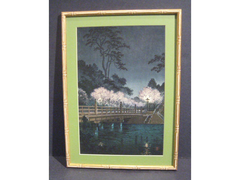 Appraisal: TSUCHIYA KOITSU JAPANESE - Framed woodblock print bridge scene x