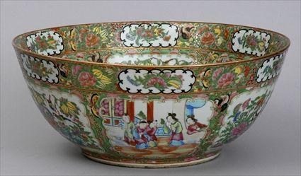 Appraisal: CANTON ROSE MEDALLION PUNCH BOWL The interior with alternating figure