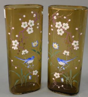 Appraisal: Pair of Moser amber art glass enameled vases having enamel