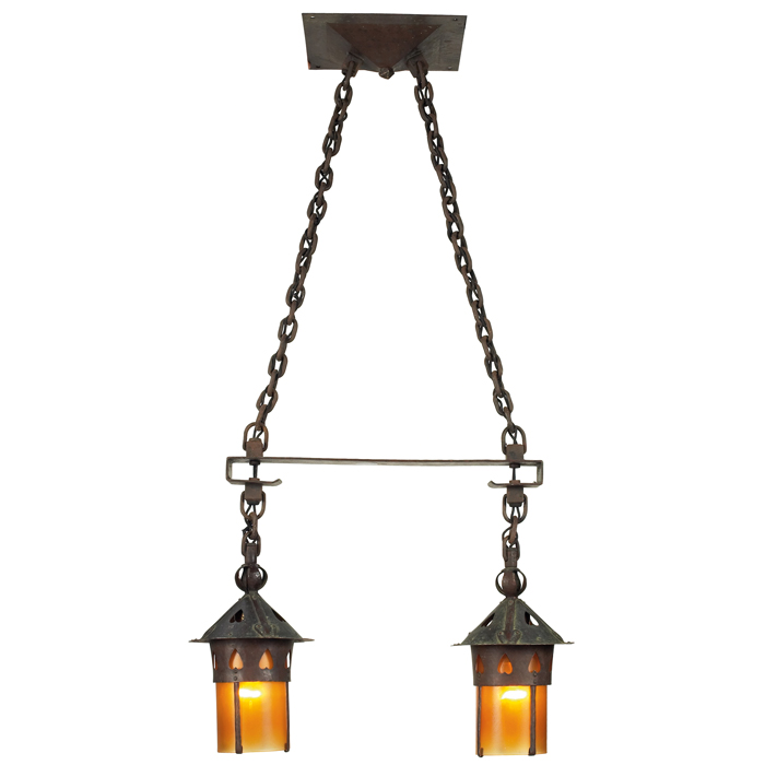 Appraisal: Gustav Stickley hanging fixture two hammered copper lanterns with heart