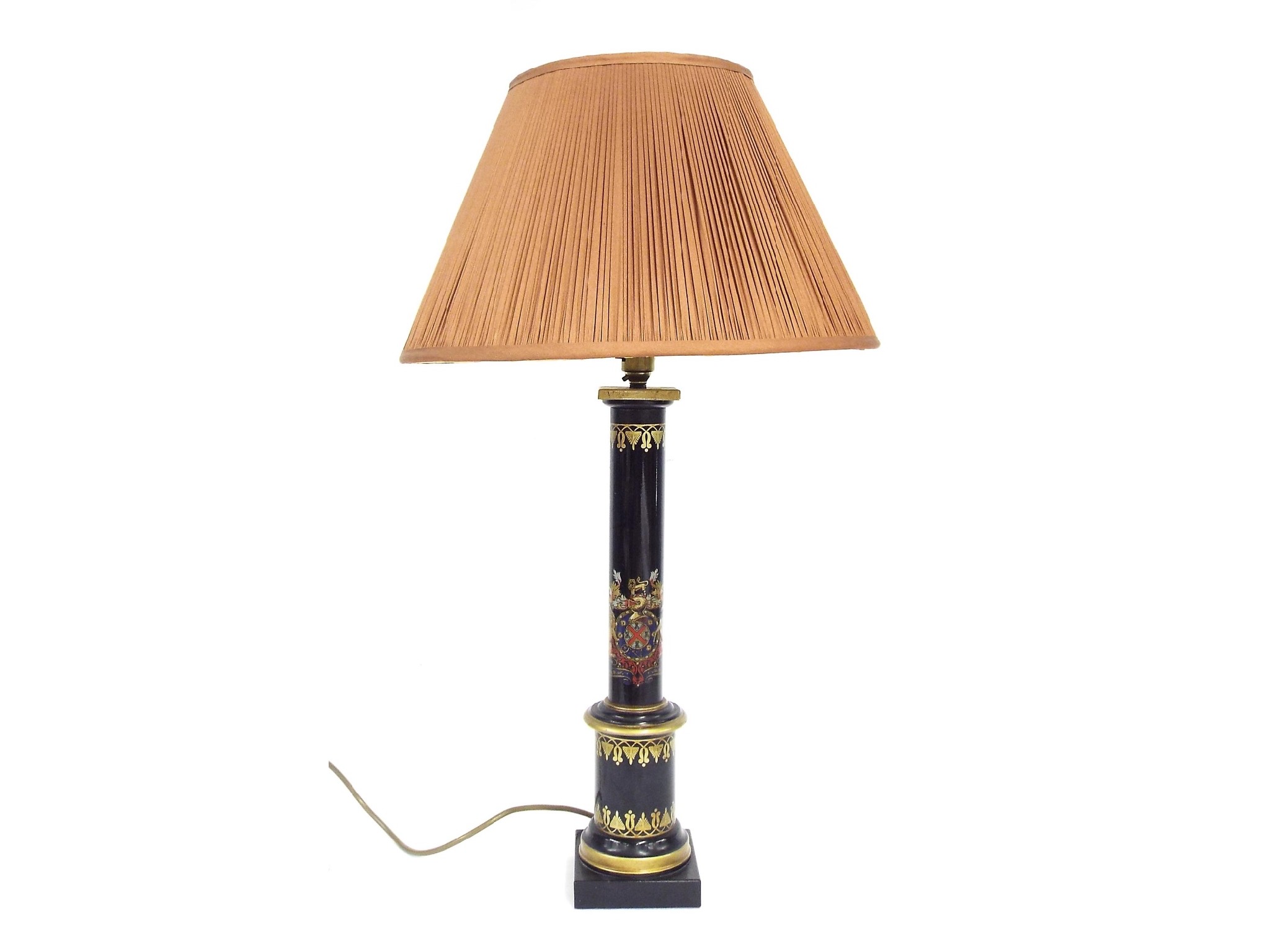 Appraisal: Ebonised toleware table lamp decorated with Royal crest and gilt