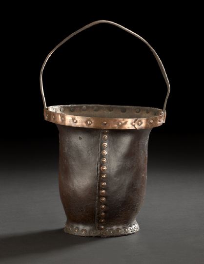 Appraisal: English Copper-Mounted Leather Bucket fourth quarter th century attractively mounted