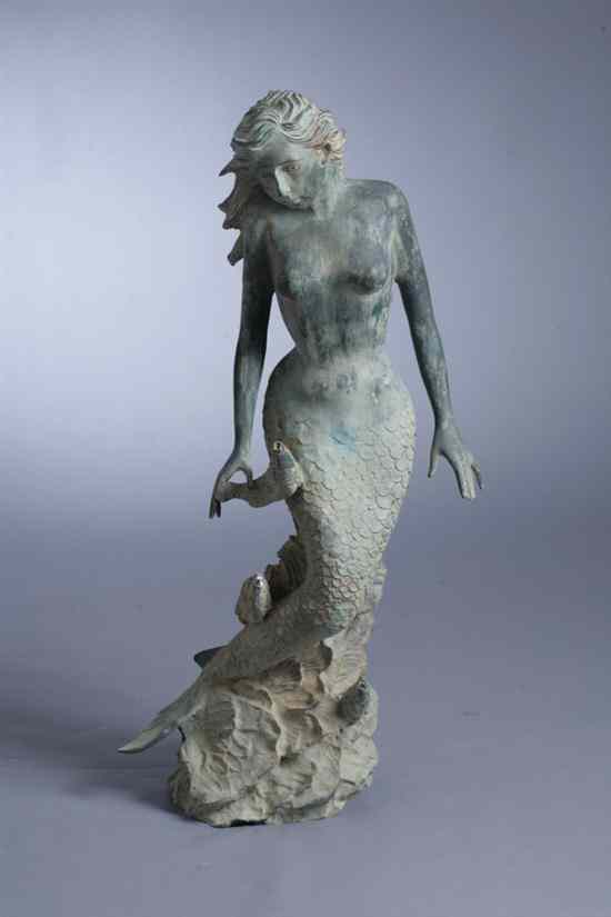 Appraisal: PATINATED METAL GARDEN FOUNTAIN th century Modelled as a mermaid