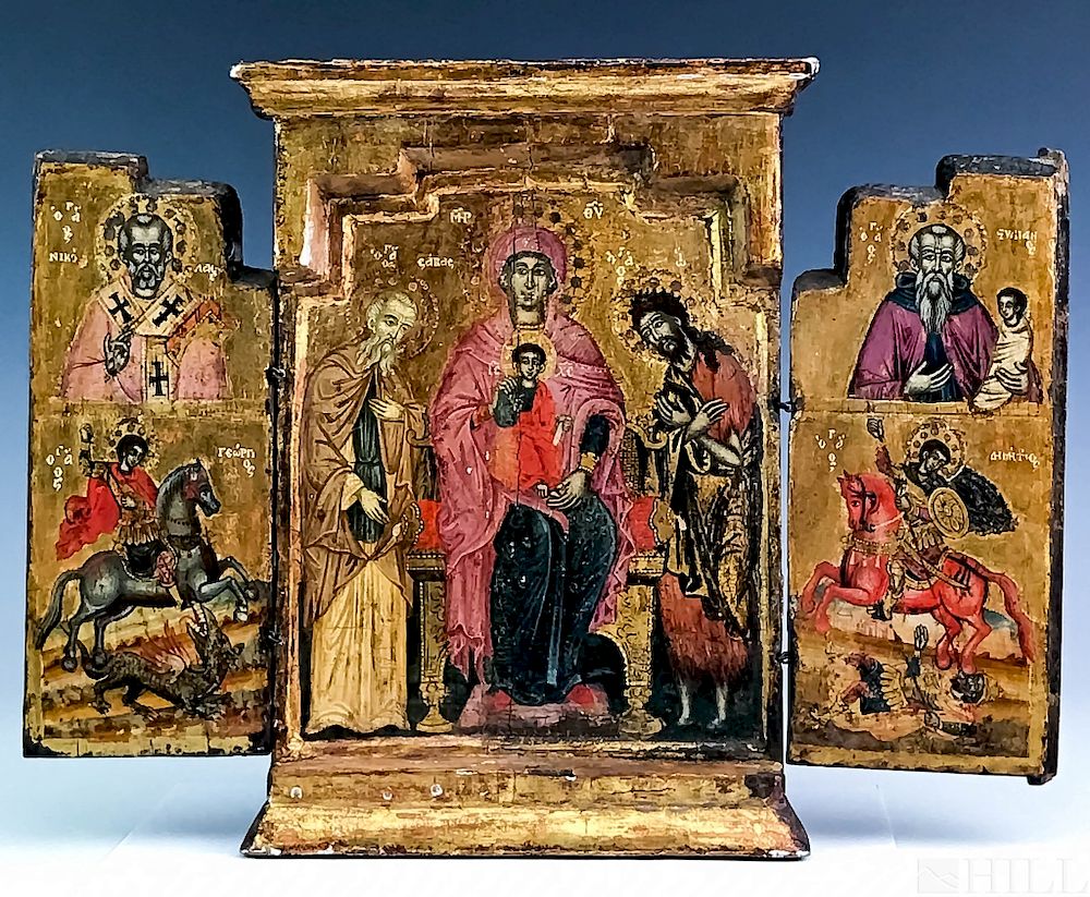 Appraisal: th Century Greek School Wood Panel Triptych Icon Religious Triptych