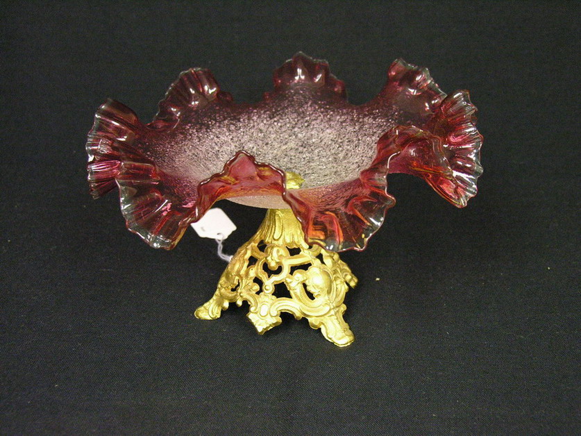 Appraisal: CRANBERRY OVERSHOT BOWL WITH BASE bowl mounted on brass base