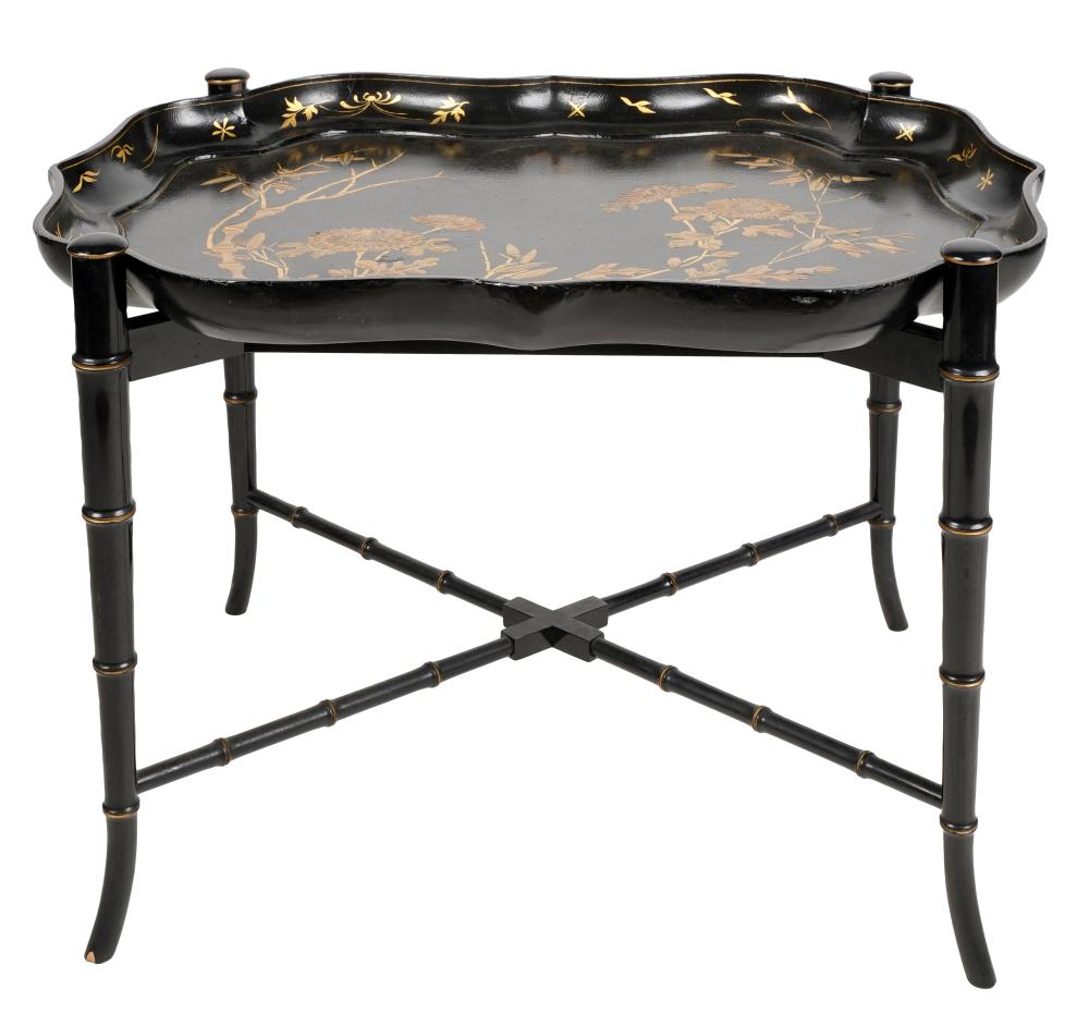 Appraisal: LACQUERED CHINOISERIE TRAY TABLEmodern unsigned the rimmed removable tray resting