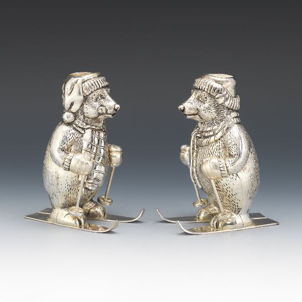 Appraisal: TOWLE PAIR OF SILVER PLATED SKIING BEARS - Charming silver-plate