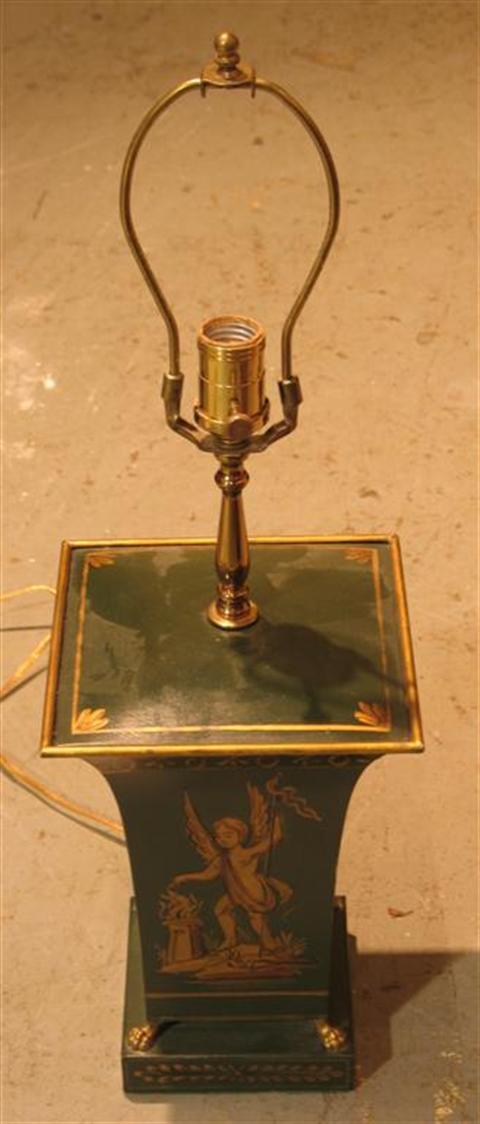 Appraisal: ARROWSMITH TOLE HUNTER GREEN PAINTED LAMP With gilt cherubs