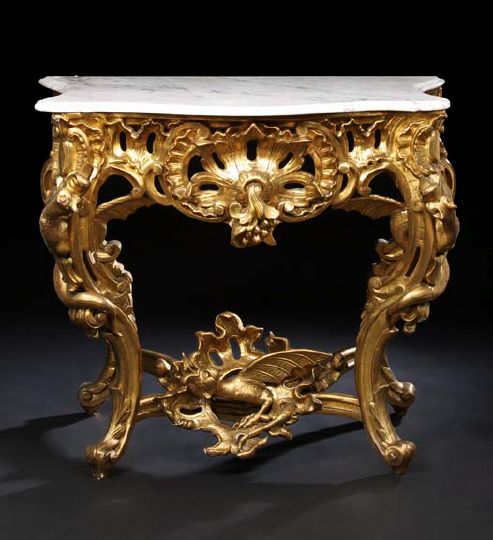 Appraisal: Large French Carved Giltwood and Marble-Top Bowfront Console Table fourth