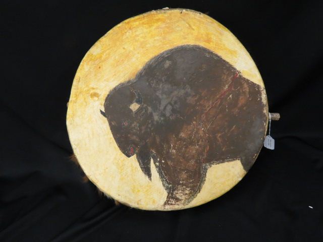 Appraisal: Indian Drum with Handpainted Buffalo made from hide diameter from