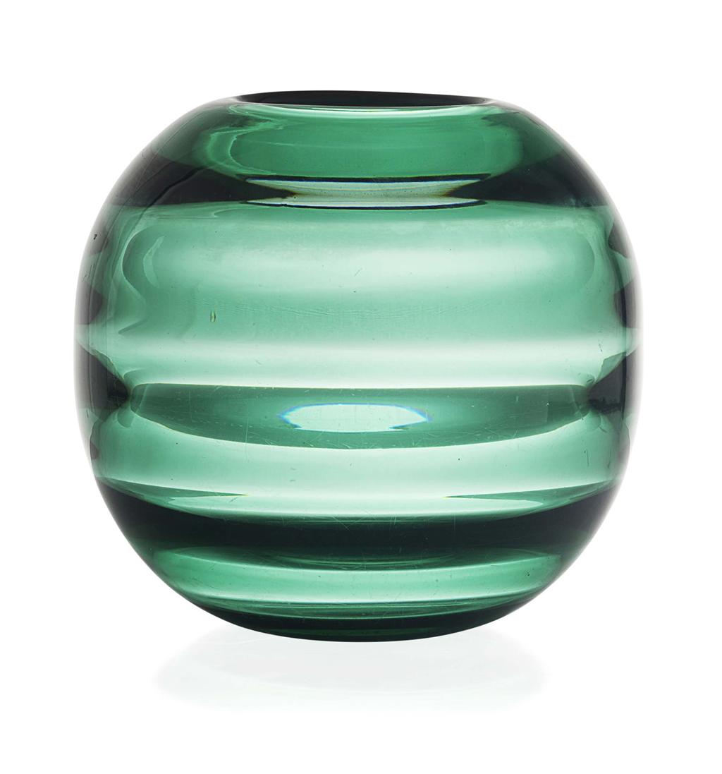 Appraisal: ORREFORS SWEDEN GREEN OVOID GLASS VASE DATED inscribed to base