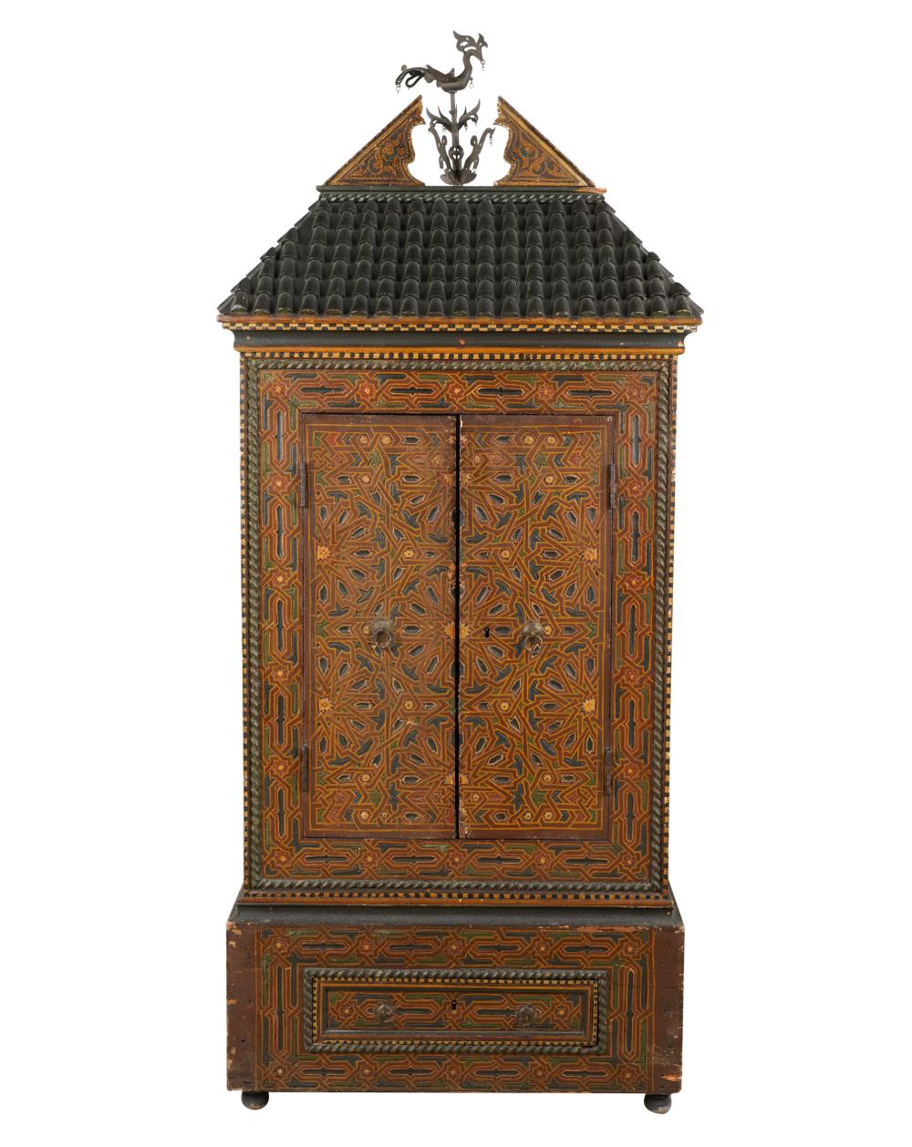 Appraisal: ASIAN POLYCHROME-PAINTED WOOD CABINETthe pair of hinged doors enclosing an