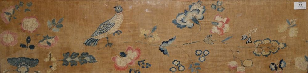 Appraisal: Four Piece Lot to Include Embroidered Crewelwork on Linen Fragment