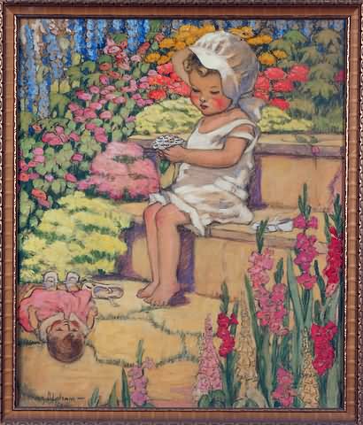 Appraisal: Girl sitting on step among flowers with doll at feet