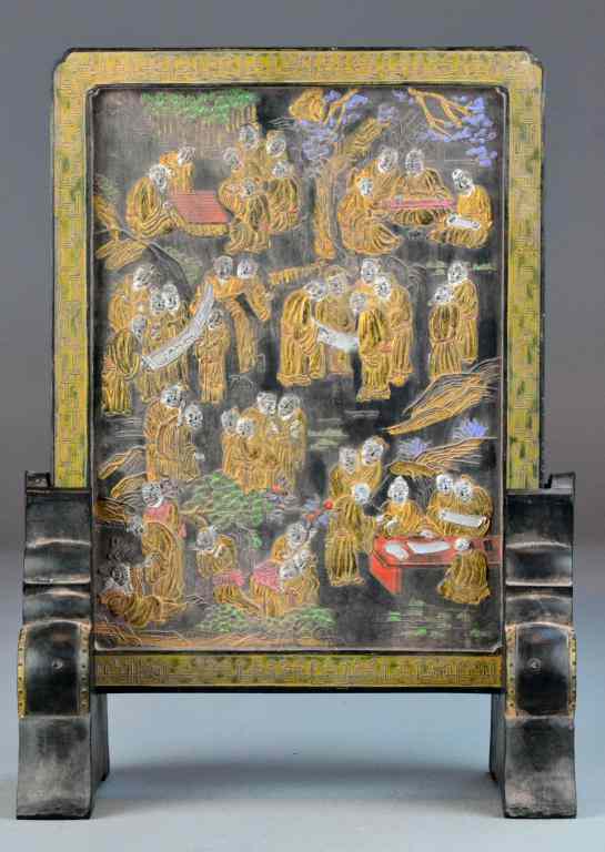 Appraisal: Fine Chinese Carved Painted InkstoneFinely carved and painted on both