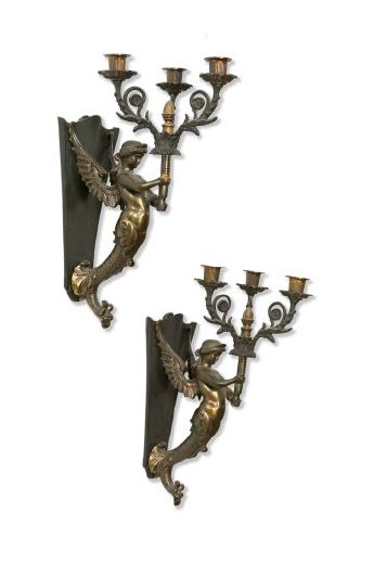 Appraisal: Pair of American Bronzed Brass Three-Light Winged Mermaid Sconces in