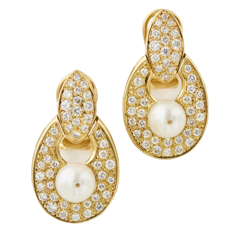 Appraisal: A pair of pearl and diamond set earrings each pav