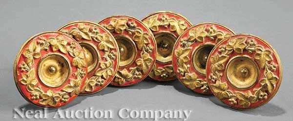 Appraisal: A Set of Six Gilt and Polychromed Brass Tie Backs