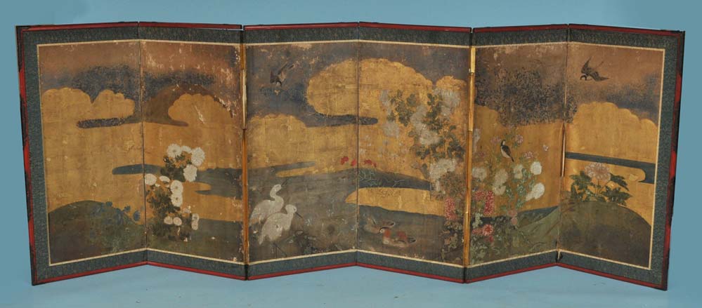 Appraisal: Japanese Six Panel Screen depicting an idylic landscape high wide