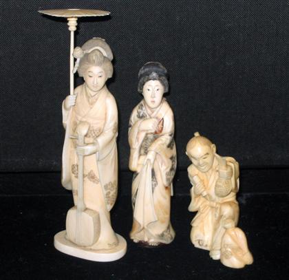 Appraisal: Three Figural Ivory Okimono Japan th th c Two beauties